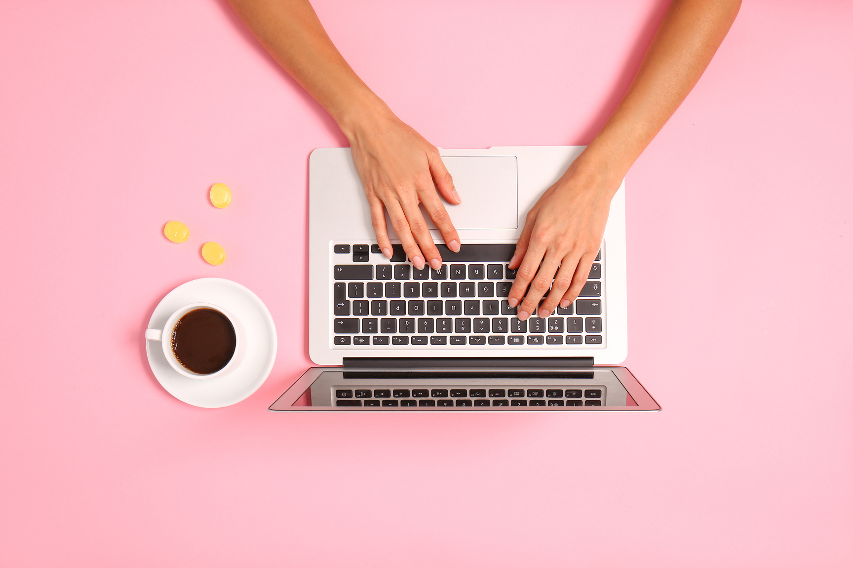 Woman Working on Laptop, Top View